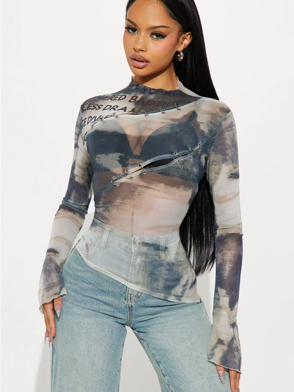 Long Sleeve Sheer Abstract Print Top in Blue-Grey - Picture 1 of 3